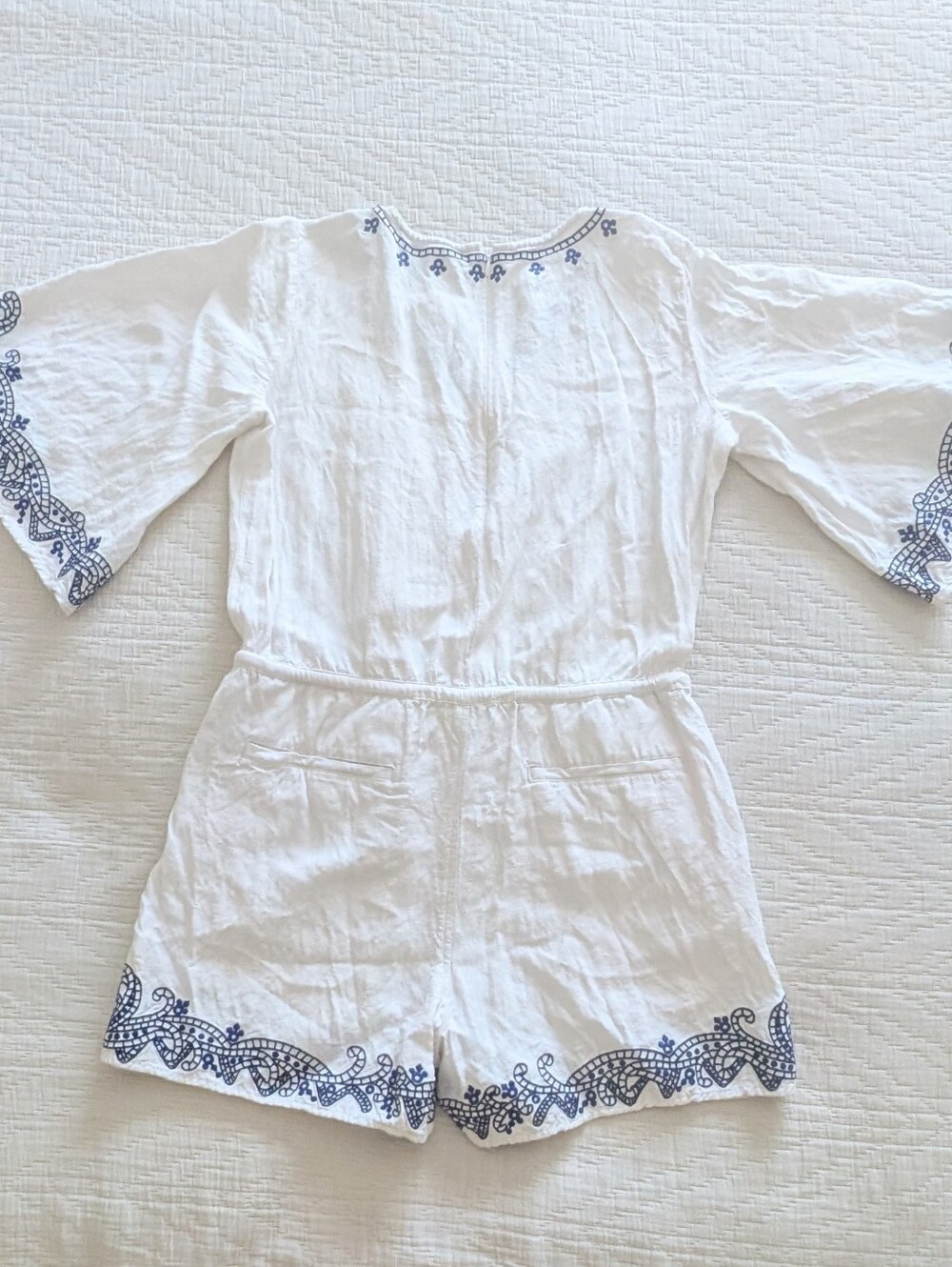 Lauren Ralph Lauren White Linen Flair Sleeve Shorts Romper Navy Embroidery Sz 6 - Picture 7 of 10